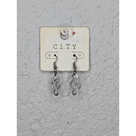NEW Treble Clef Music Note Earrings Unique Faux Silver - Picture 2 of 4